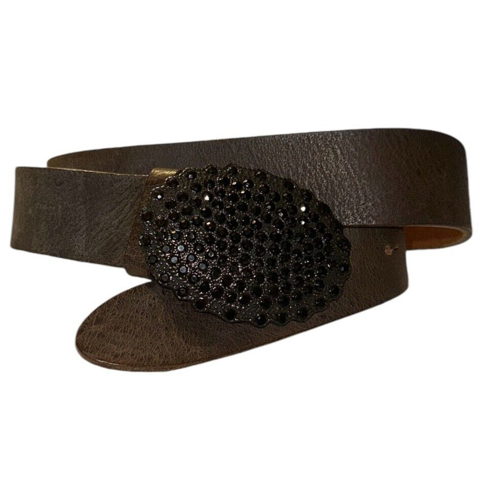 Garuglieri Italian Leather Belt Pave Crystal Buckle Black Gunmetal Quiet Luxury